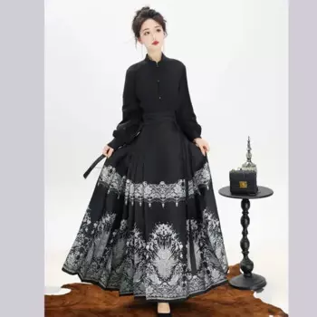 Улучшенная Женская юбка Hanfu с изображением лошади, традиционное китайское плетение, Золотое Искусственное искусство, черный, красный комплект из 2 предметов, женские большие размеры L