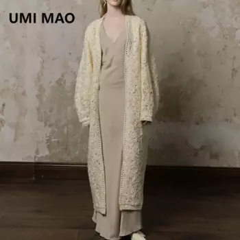 UMI MAO Осенне-зимний дизайн Sense Бежевый длинный вязаный кардиган Harajuku Французская ленивая свободная куртка на одной пуговице Femme Y2K