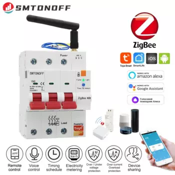Умный автоматический выключатель Tuya Zigbee 3P с измерительной многофункциональной защитой, голосовое управление Alexa Google Alice