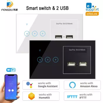 Умный сенсорный выключатель с Wi-Fi, 1/2/3 клавиш, 2 зарядных устройства USB, работает с Google Assistant Alexa Smart Home