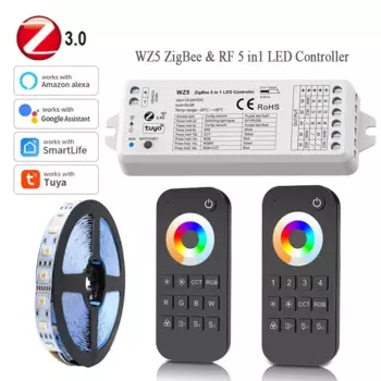Умный светодиодный контроллер Tuya Zigbee 3,0, 12 В, 5 в 1, RGB + CCT RGBCW Strip, 2,4 ГГц, 1/4 зоны, изменение цвета, пульт дистанционного управления для Alexa Google Assistant