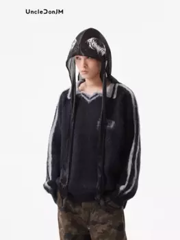 UNCLEDONJM College Плюшевый вязаный мужской свитер с воротником-поло в полоску