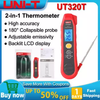UNI-T цифровой термометр UT320T 2-в-1 Высокоточный измеритель температуры с инфракрасным датчиком и зондом измерения IP54