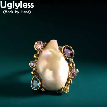 Уникальные кольца Uglyless из натурального барочного жемчуга, женское роскошное индивидуальное ювелирное изделие из серебра 925 пробы, цветные кристаллы, кольцо из циркона