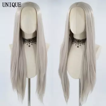UNIQUEWIG длинный прямой парик серебристо-серый синтетические кружевные передние парики для женщин термостойкие синтетические волосы для ежедневного использования косплей