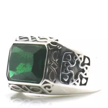 Унисекс крутое серебряное кольцо с зеленым камнем 925 пробы