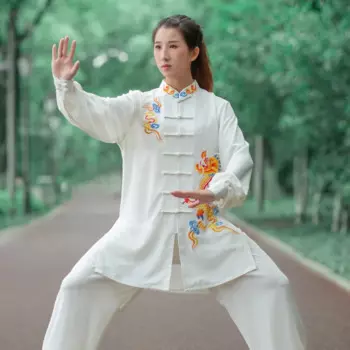 Унисекс, Мужская искусственная одежда, Одежда Кунг-фу, одежда для боевых искусств Wu Shu с вышивкой, костюм для выступлений, женский, белый