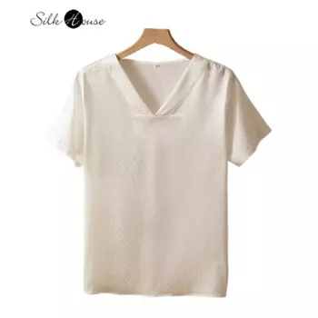 Универсальная Чрезвычайно простая стильная 93% натуральный шелк тутового шелкопряда и сатин темпераментная свободная футболка с V-образным вырезом и коротким рукавом