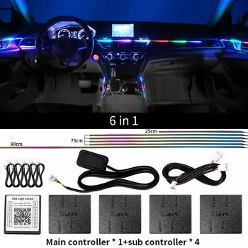Универсальное автомобильное светодиодное окружающее освещение, двухзонная симфония, стример, интерьер, полноцветная акриловая полоса, атмосферный свет с приложением