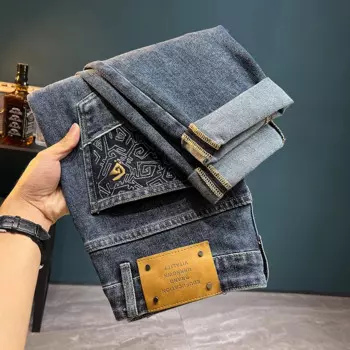 Универсальные облегающие повседневные трендовые эластичные брюки с вышивкой для маленьких ног новые высококачественные мужские джинсы в стиле ретро