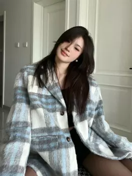 UNXX винтажное лоскутное уникальное клетчатое шерстяное пальто для женщин: 2024 осень-зима новый свободный шерстяной костюм куртка высокого качества