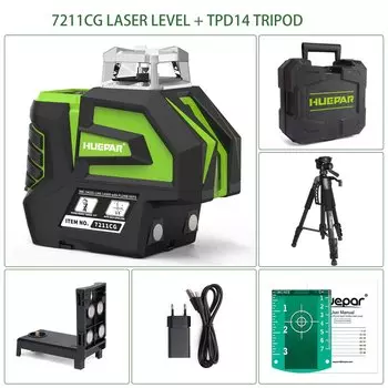 Уровень лазерный Huepar, зеленый, 360 °, 2 точки, литий-ионный аккумулятор