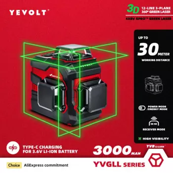 Уровень лазерный YEVOLT YVGLL4XS12 зеленый, 3 уровня, 12 линий, 360 в, 3 Ач