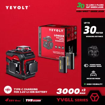 Уровень лазерный YEVOLT YVGLL4XS12DP зеленый, 3 уровня, 12 линий, самонивелирующийся, 2x3,6 В, 3 Ач