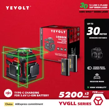 Уровень лазерный YEVOLT YVGLL4XS12PRODP, зеленый, 3 уровня, 12 линий, самонивелирующийся, 360 в, 3,6 а/ч