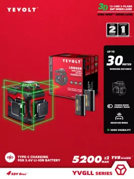 Уровень лазерный YEVOLT YVGLL4XS12PRODP зеленый, 3 уровня, 12 линий, самовыравнивающийся, горизонтальный и вертикальный, 2x3,6 В, Ач