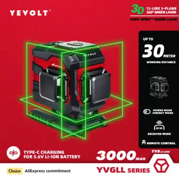 Уровень лазерный YEVOLT YVGLL4XS12T, 3 уровня, 12 линий, 360 в, 3 Ач