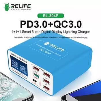 USB-зарядное устройство Relife с 6 USB-портами и цифровым дисплеем, QC3.0 + PD3.0, устройство для быстрой зарядки для всех телефонов и планшетов на Android