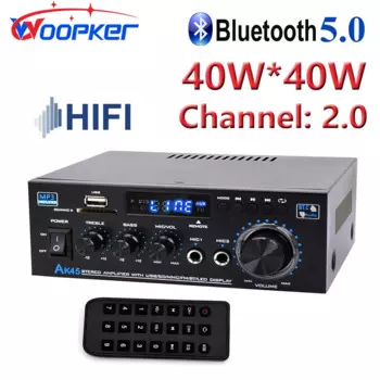 Усилитель Woopker AK45, Hi-Fi цифровой усилитель Max Power 90Wx2, канал 2,0, Bluetooth, объемный звук, колонка для дома и автомобиля