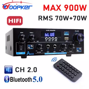 Усилитель звука Woopker AK55 Hi-Fi, макс. 900 Вт, цифровой Bluetooth усилитель, RMS 70 Вт + 70 Вт, канал 2,0, поддерживает двойные Микрофонные входы, FM-радио