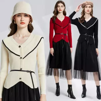 Усовершенствованный вязаный женский осенне-зимний комплект из двух предметов, кружевной вязаный кардиган с v-образным вырезом и сетчатой полуюбкой