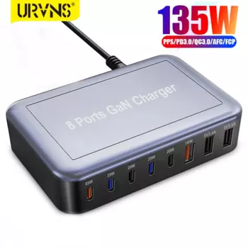 Устройство для быстрой зарядки URVNS GaN, 135 Вт, 8 портов USB C, 65 Вт, 35 Вт, PD3.0, 18 Вт, QC3.0 для MacBook Pro, iPhone 14, Samsung