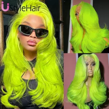 UStyleHair неоновый зеленый парик на сетке, синтетический парик на сетке спереди, Длинный натуральный волнистый парик для ежедневного использования, косплей, натуральный парик для волос, термостойкий