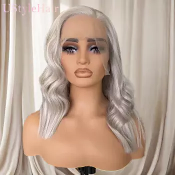 UStyleHair пепельный блонд Боб кружевные волосы спереди короткий волнистый парик с боковой частью синтетический передний парик термостойкие синтетические волосы ежедневно