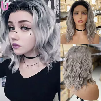 UStyleHair серая короткая парик с эффектом омбре, кружевные Передние синтетические волосы, натуральные волосы, Короткие Волнистые парики для женщин, для ежедневного использования, для косплея, искусственный парик