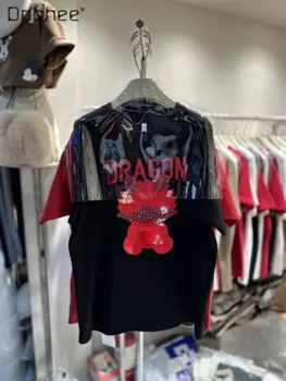 Утепленная хлопковая Футболка с мультяшным принтом, Осень-зима 2023, новая футболка с вышивкой и коротким рукавом для женщин