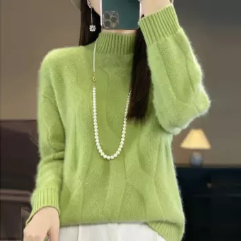 Утепленные женские свитера из 100% шерсти, зимний вязаный пуловер, топ, трикотаж, свитер, женский свитер с высоким воротником 2024