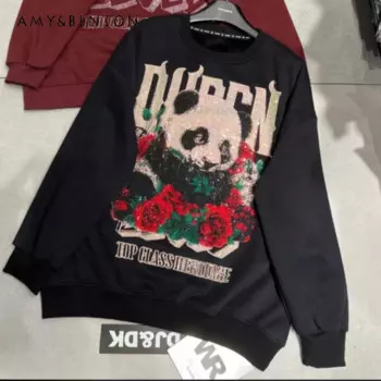 Утолщенный флисовый свитшот Sudaderas для тяжелой промышленности с круглым вырезом и милой мультяшной пандой, свободный средний и длинный свитшот
