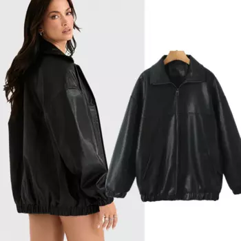 Увядшая коллекция 2024 года, Высококачественная кожаная куртка для женщин, осенне-зимняя Минималистичная свободная кожаная куртка-бомбер на молнии