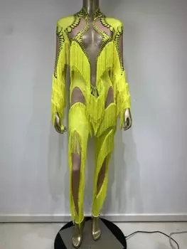 В наличии, женский желтый сетчатый эластичный комбинезон с кисточками, женское платье для бара, ночного клуба, костюм для выступления на сцене певицы