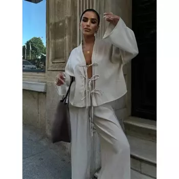 V-образный вырез, ажурный комплект рубашки с бантом на шнуровке для женщин, однотонные повседневные свободные широкие брюки, костюмы, новая модная женская уличная одежда