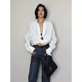 VanessaLab Vacation Relaxed Feeling, распашной воротник 90-х годов, короткий плиссированный стиль, белая рубашка с длинными рукавами для женщин