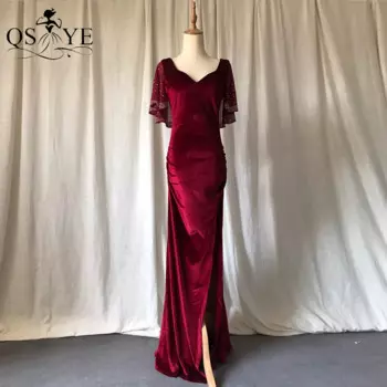 Вечернее бархатное платье с V-образным вырезом и рукавами-крылышками