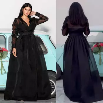 Вечернее платье трапециевидной формы с v-образным вырезом и аппликацией из сетки по индивидуальному заказу, длинное платье es