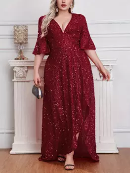 Вечернее платье больших размеров с v-образным вырезом и короткими рукавами, расшитое пайетками, летняя юбка большого размера с короткими рукавами, роскошное вечернее платье