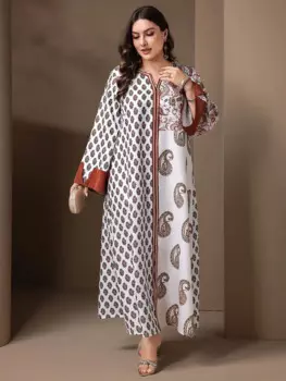 Вечернее платье больших размеров с v-образным вырезом и принтом, элегантное женское вечернее платье макси, коктейльное платье с длинными рукавами, кафтанMusulmane Femme Vestidos