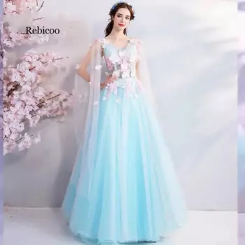Вечернее платье до пола Rebicoo, синее Тюлевое платье без рукавов с V-образным вырезом и цветочным принтом, Красивое Праздничное Платье с завязкой