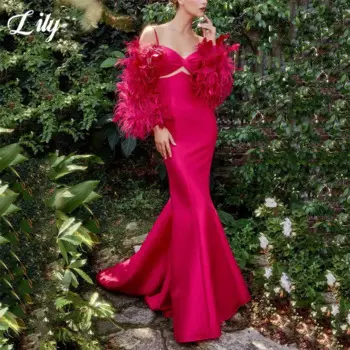 Вечернее платье розового цвета с открытыми плечами и длинными рукавами, платье для выпускного вечера на тонких бретельках, женское платье с атласным перьевым рисунком