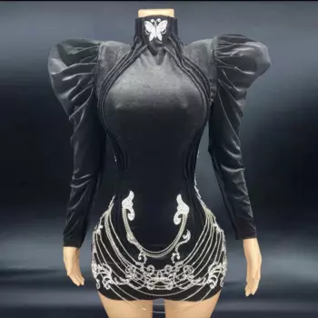 Вечернее платье с блестящими кристаллами, черное бархатное праздничное платье с большим плечом, наряд для танцев и выпускного, сексуальный костюм певицы на день рождения