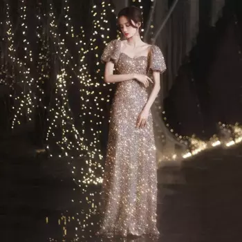 Вечернее платье с вырезом сердечком и открытой спиной, вечернее платье, сказочное платье с блестками, платье-чосам для ведущей, роскошное платье с пышными рукавами и юбкой-годе