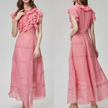 Вечернее шифоновое платье-миди с рюшами и круглым вырезом