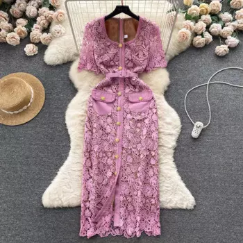 Вечерние элегантные платья для женщин, роскошное ажурное кружевное платье 2023 года с поясом и круглым вырезом, летнее платье миди с коротким рукавом