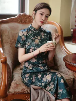 Вечерние платья Qipao, зеленое искусственное Ретро длинное платье с коротким рукавом, традиционное китайское платье-Ципао