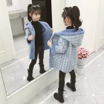 Вельветовое шерстяное пальто в клетку для девочек, новинка на осень и зиму, плюшевая утепленная верхняя одежда средней длины с капюшоном, Детская шерстяная куртка P334