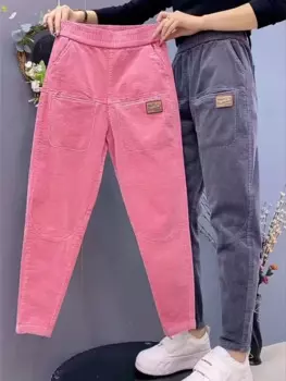 Вельветовые осенне-зимние Новые плотные теплые женские однотонные свободные универсальные модные повседневные защитные брюки Harlan с высокой талией и карманами