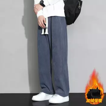 Вельветовые зимние новые мужские Свободные Повседневные Плюшевые утепленные модные Универсальные однотонные широкие брюки со шнуровкой и эластичной талией